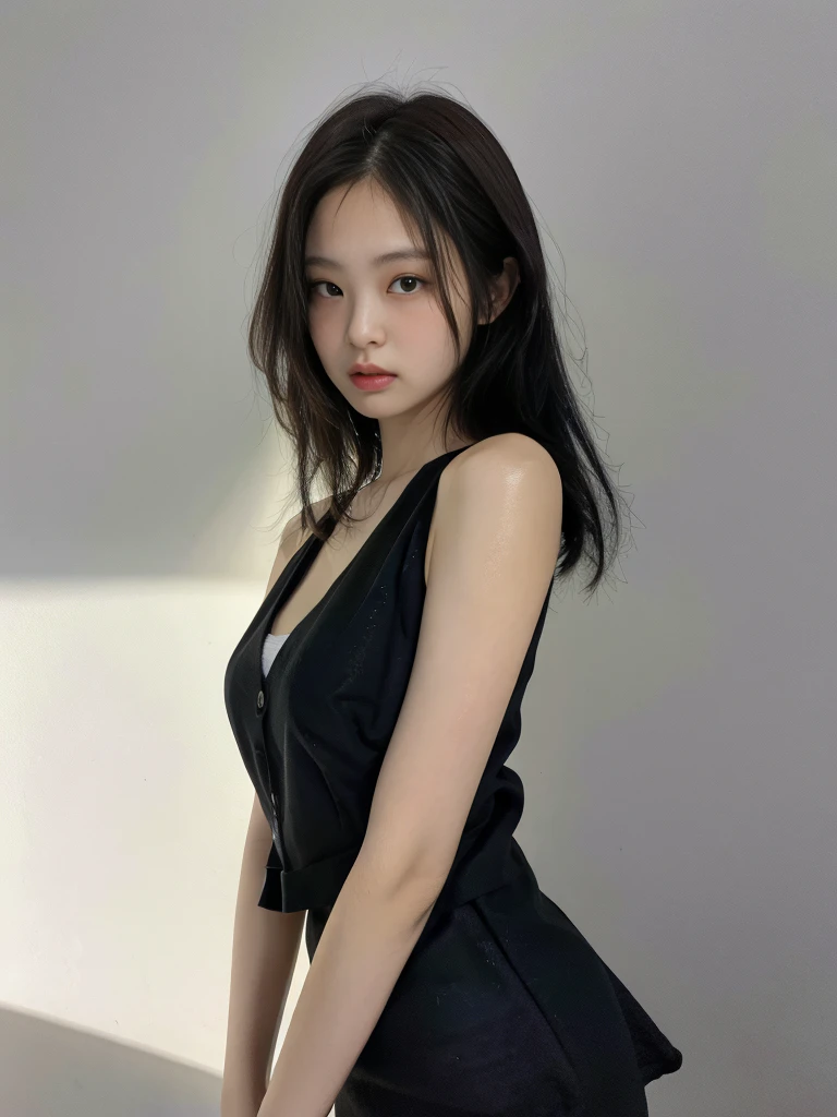 best quality, jjennie face shape, super high resolution, supermodel, (realism: 1 girl.8), RAW photo, 1 girl a girl, bare shoulders, wearing black vest, looking at the camera head-on, ID photo, sexy, black background, in the dark, deep shadow, understated, cold light. [The character (complete) is surrounded by mist, evoking a mysterious and eerie atmosphere. The lighting is dark and atmospheric, with a red smoke adding a touch of sinister ambiance. Best quality image, with a resolution of 4k and HDR enhancement, showcasing the utmost level of detail and realism, full body shot:1.5]. [8K, Best Quality, Masterpiece, Ultra High Resolution, (highly detailed CG unity 8k wallpaper), (best photo), (best shadows), isometric 3D, octane rendering, ray tracing, highly detailed, (Best quality, 4K, 8k, A high resolution, masterpiece:1.2), absurdity, ultra detailed, (realistic, photorealistic, photorealistic:1.37), complex parts, HDR, (complex parts:1.12), (hyper detailed, hyper realistic, Soft lighting, spicy:1.2), (complex parts, Hyper detailed:1.15). Blurred foreground. (backlit), masterpiece, high quality, brightness, chromatic aberration, 8k uhd, foggy smoke, shadows, contrast, clear sky, (warm hue, warm tone), high details, natural reflections]. 
