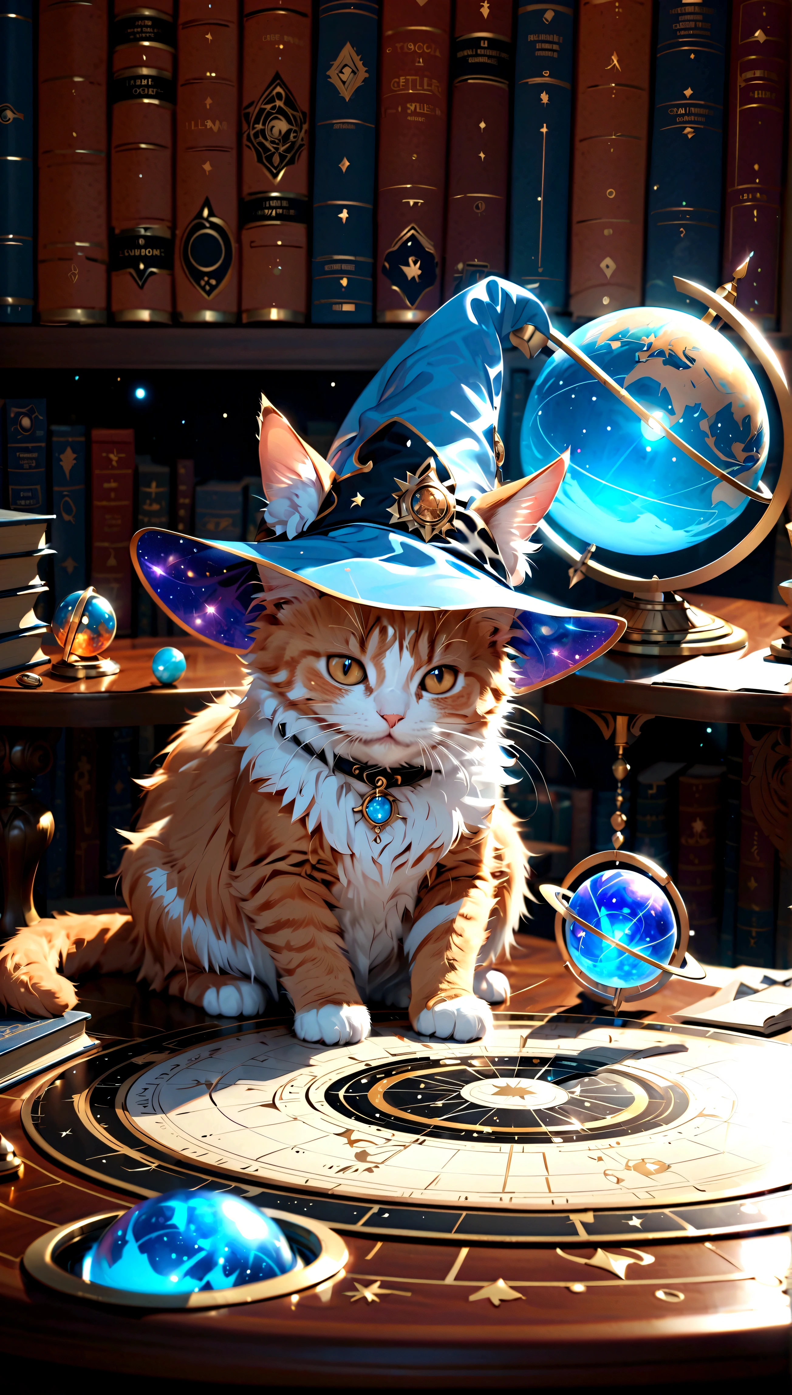 an ultra detailed wise orange cat wizard astrologer teller wearing a sparkly light-blue sequin wizard hat, adorable fluffy white rabbit seated on a table gripping and gazing into a glowing floating planetary map looking into the the floating translucent holographic planets to tell a fortune. surrounded by astrological library, celestial decor, misty, intricate and detailed, golden hour, 8K, ultra-detailed, sharp focus