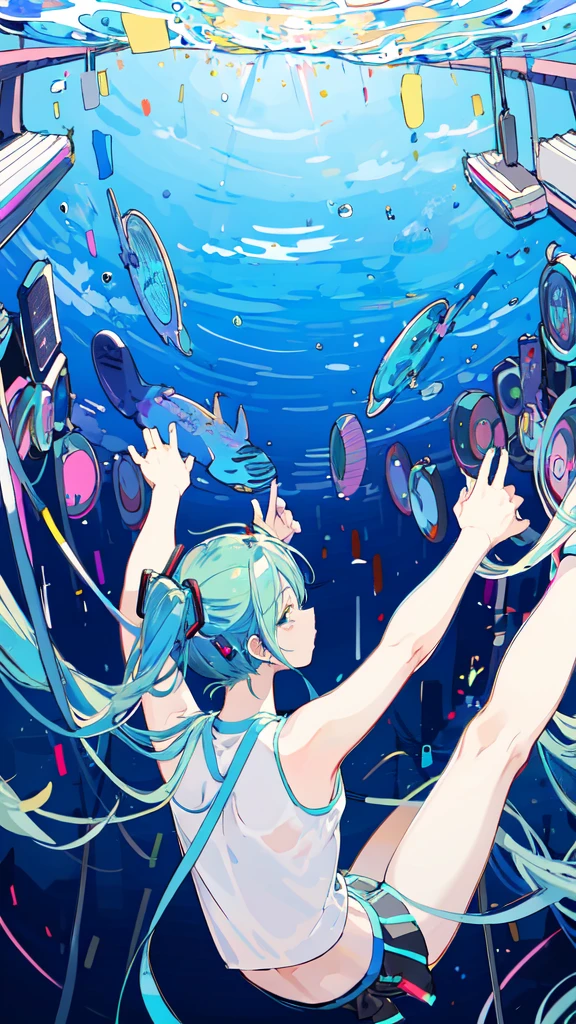 Hatsune Miku、Stretching exercises、Prepare for a workout、Lean forward、Long hair、Long legs、whole body