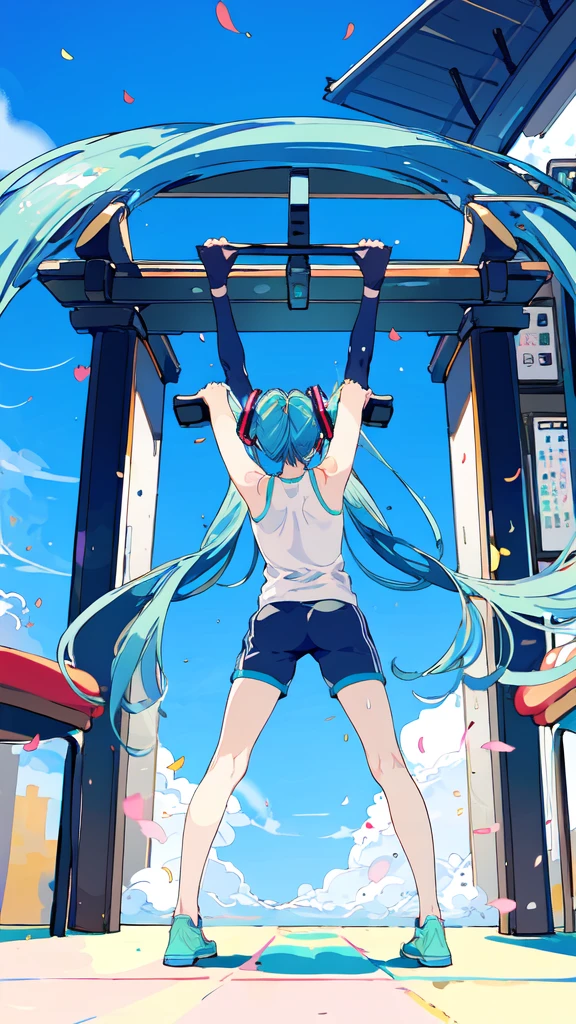 Hatsune Miku、Stretching exercises、Prepare for a workout、Lean forward、Long hair、Long legs、whole body