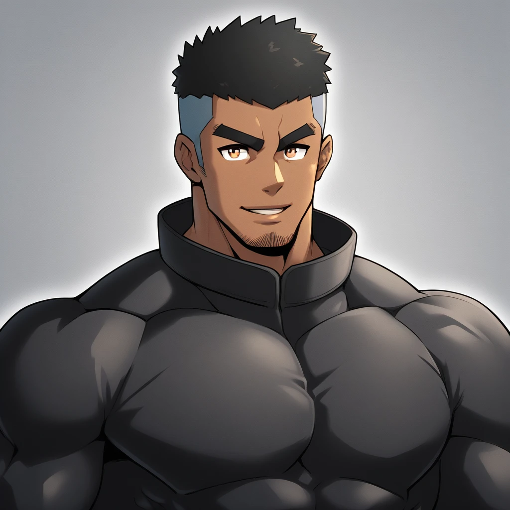 anime characters：Gyee, Muscle Sports Student, negro black skin, 1 dark skin muscular tough guy, Manliness, male focus, Dark Brown high collar long sleeve wetsuit, Matte texture, Very tight, Round, full and perky chest muscles, Slightly transparent, muscular male, muscular, only, Upper body, alone, Black short hair, Thick eyebrows, stubble, Brown eyes, Grey background, simple background, amazing quality, best aesthetics, Ridiculous, bright pupils, crew cut, parted lips, seductive smile, torogao, naughty face,  best quality