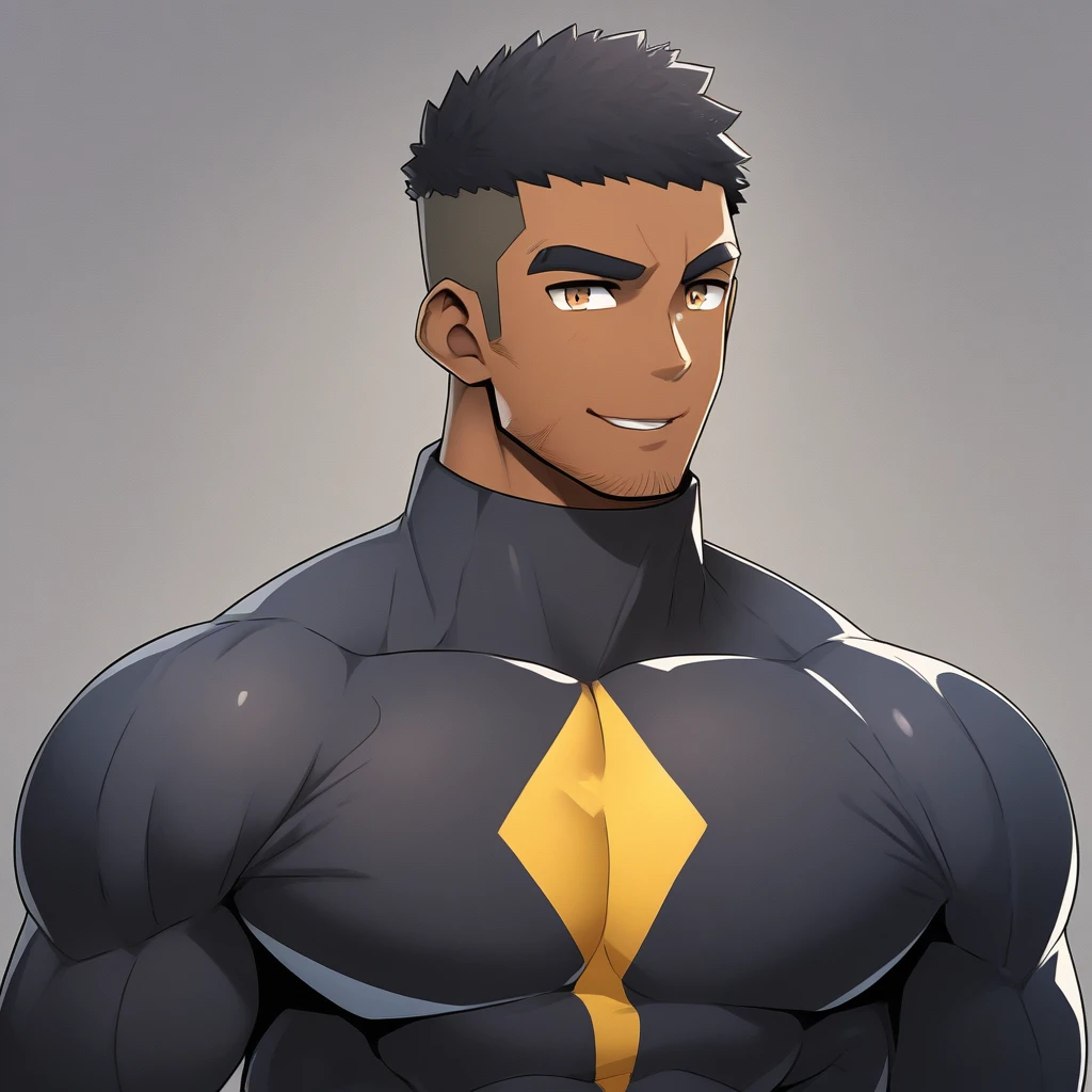 anime characters:Gyee, Muscle Sports Student, negro black skin, 1 dark skin muscular tough guy, Manliness, male focus, Dark Brown high collar long sleeve wetsuit, Matte texture, Very tight, Round, full and perky chest muscles, Slightly transparent, muscular male, muscular, only, Upper body, alone, Black short hair, Thick eyebrows, stubble, Brown eyes, Grey background, simple background, amazing quality, best aesthetics, Ridiculous, bright pupils, crew cut, parted lips, seductive smile, torogao, naughty face, best quality