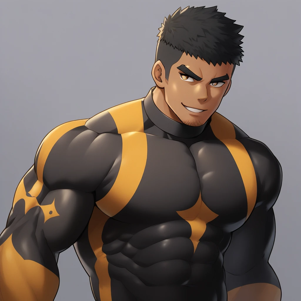 anime characters：Gyee, Muscle Sports Student, negro black skin, 1 dark skin muscular tough guy, Manliness, male focus, Dark Brown high collar long sleeve wetsuit, Matte texture, Very tight, Round, full and perky chest muscles, Slightly transparent, muscular male, muscular, only, Upper body, alone, Black short hair, Thick eyebrows, stubble, Brown eyes, Grey background, simple background, amazing quality, best aesthetics, Ridiculous, bright pupils, crew cut, parted lips, seductive smile, torogao, naughty face,  best quality