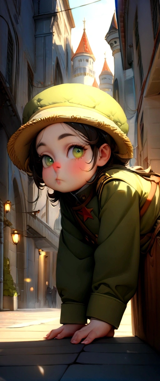 (best quality,4K,high resolution,masterpiece:1.4),Super detailed,Very detailed,sharp focus,Surreal:1.4,professional,HD images,bright colors,Bokeh,Beautiful and delicate eyes,Beautiful and delicate lips,long eyelashes,Romantic atmosphere,soft light,Contrast light and shadow,Lighting effects,high nose bridge,high nose bridge，young,Lively,Chubby cheeks,charming,graceful curves,full，The streets of Moscow，Snowing day，Kremlin background，Wearing a red star cotton hat，Olive green military uniform
