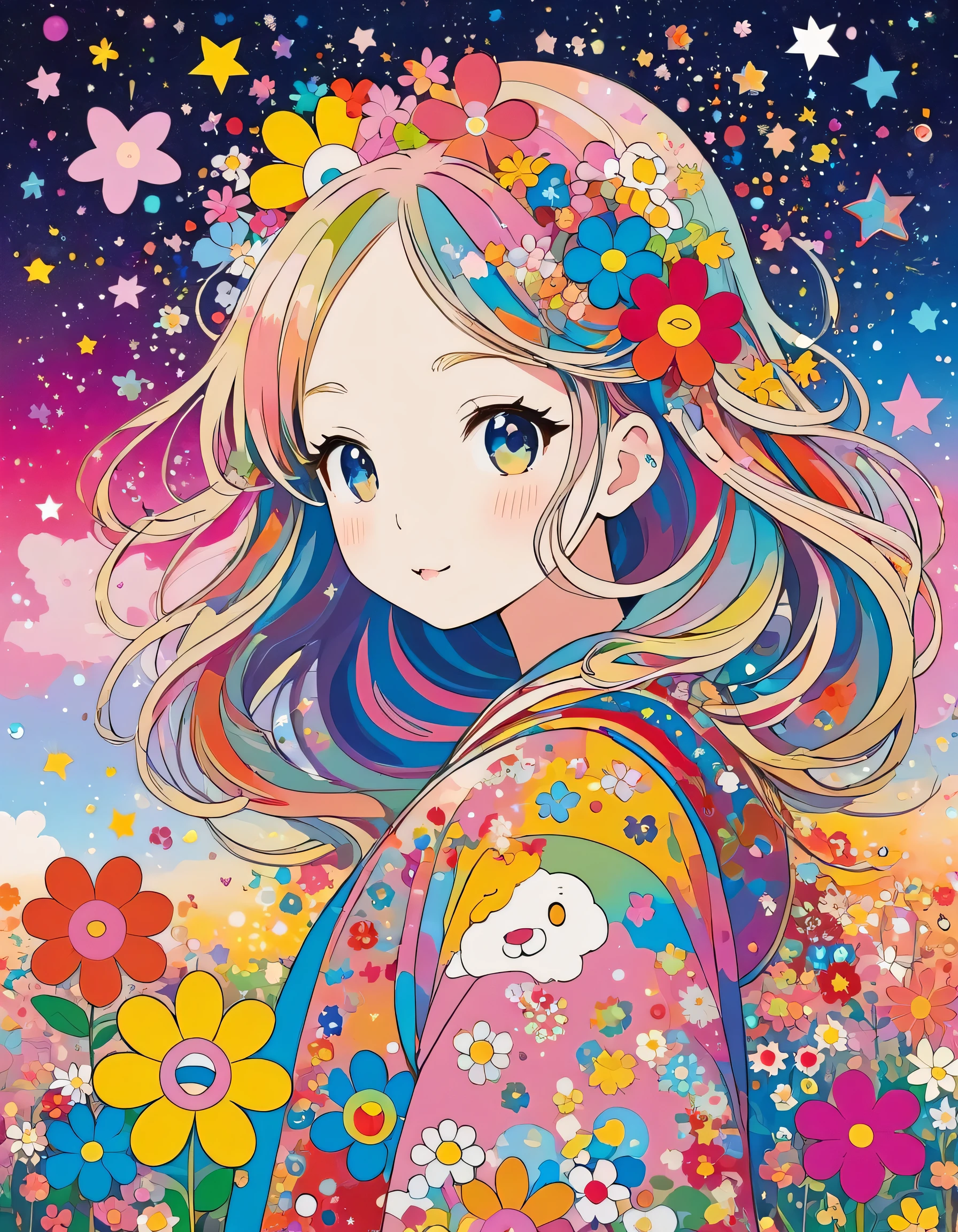 Takashi Murakami style, Simple Line Initialism,Abstract art,Kawaii Design, The most beautiful girl of all time, The background is star dust, colorful hearts, colorful flowers,