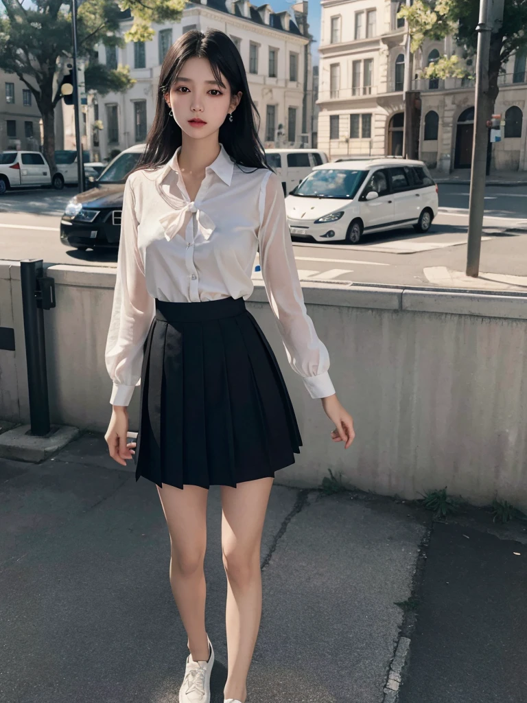 absurdres, RAW photo, extremely delicate and beautiful, masterpiece, Best Quality, ultra high resolution, 32k, hyperrealistic, ultra-detailed, delicate facial features, beautiful detailed woman, tearful mole, earring, medium breasts, full body shot, medium hair, black hair, solo, alone, ((summer school_uniform)), skirt,