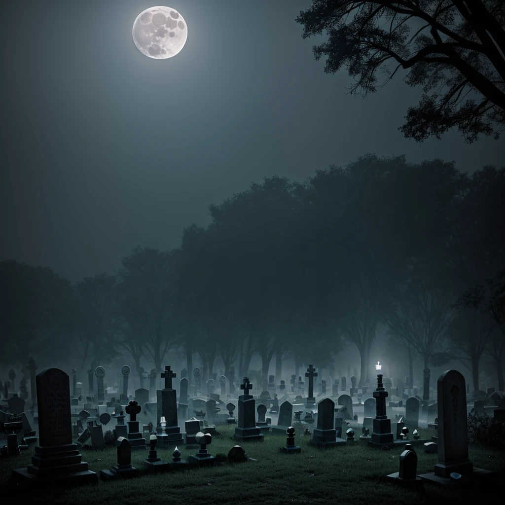 Old graveyard at night, silver fog drags between the tombstones, two skeletons are playing chess, the small full moon illuminates their game   