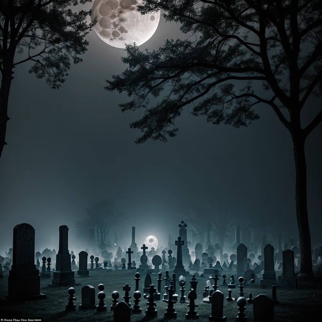Old graveyard at night, silver fog drags between the tombstones, two skeletons are playing chess, the small full moon illuminates their game