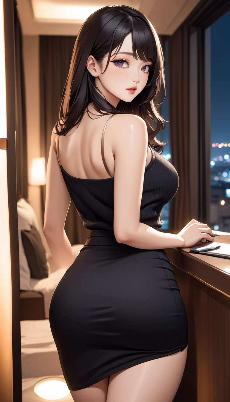 masterpiece, high resolution, beautiful woman, Korean Beauty, 30 years old, black sleeve less sweater, mini pencil skirt, beautiful woman, night hotel, standing and looking at me, high resolution face, (high resolution eyes), black hair, curvy