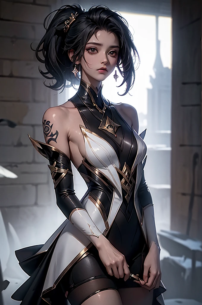 young woman, in the abyss, style dark and calm, Tattoos