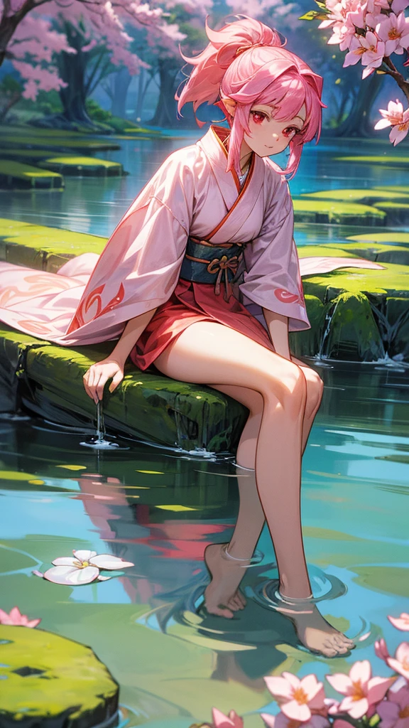 Create a highly detailed and vibrant illustration of Shuna from 'That Time I Got Reincarnated as a Slime.' Shuna should be depicted with her distinct pink hair tied in a ponytail, her red eyes, and wearing her traditional white and red kimono. She should be sitting gracefully by the water's edge, with her legs folded to the side and her hands gently resting on her lap. Her expression should be calm and peaceful, with a slight, gentle smile. The background should be a serene waterside landscape, featuring a clear, tranquil lake or river, surrounded by lush greenery and blooming flowers. Ensure the water reflects the surrounding nature, and the scene captures the peaceful, natural beauty of the setting. Use bright colors and sharp details to make Shuna stand out prominently against the tranquil backdrop."