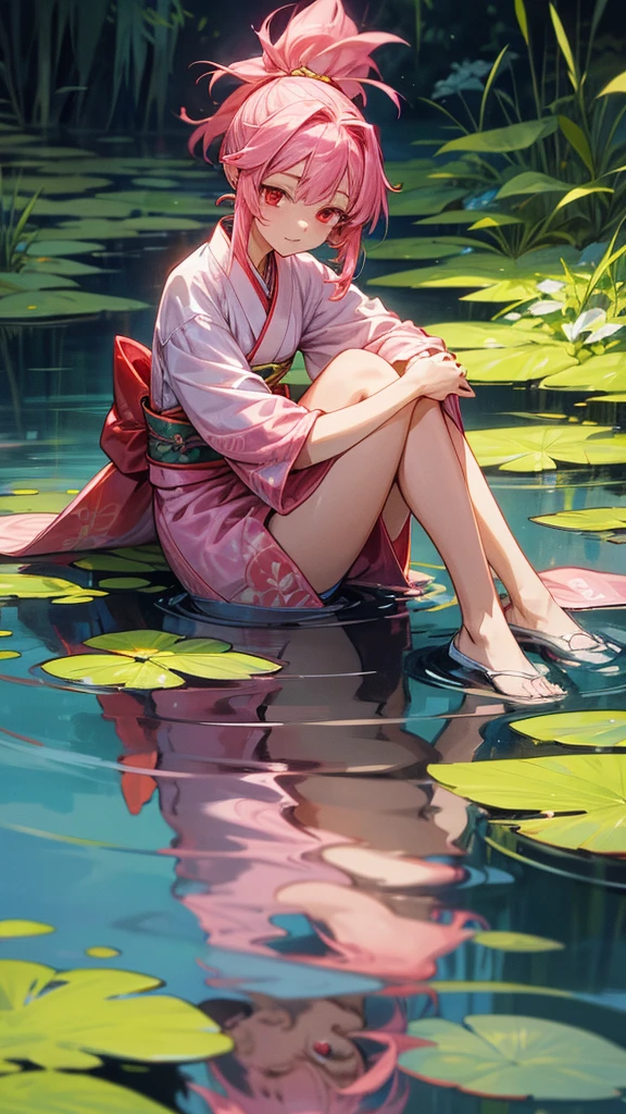 Create a highly detailed and vibrant illustration of Shuna from 'That Time I Got Reincarnated as a Slime.' Shuna should be depicted with her distinct pink hair tied in a ponytail, her red eyes, and wearing her traditional white and red kimono. She should be sitting gracefully by the water's edge, with her legs folded to the side and her hands gently resting on her lap. Her expression should be calm and peaceful, with a slight, gentle smile. The background should be a serene waterside landscape, featuring a clear, tranquil lake or river, surrounded by lush greenery and blooming flowers. Ensure the water reflects the surrounding nature, and the scene captures the peaceful, natural beauty of the setting. Use bright colors and sharp details to make Shuna stand out prominently against the tranquil backdrop."