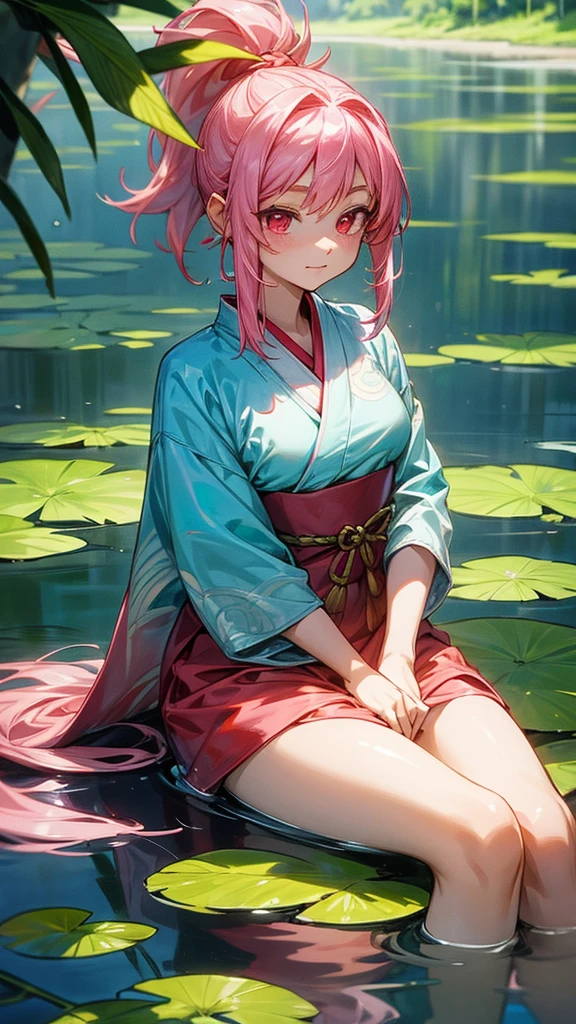 Create a highly detailed and vibrant illustration of Shuna from 'That Time I Got Reincarnated as a Slime.' Shuna should be depicted with her distinct pink hair tied in a ponytail, her red eyes, and wearing her traditional white and red kimono. She should be sitting gracefully by the water's edge, with her legs folded to the side and her hands gently resting on her lap. Her expression should be calm and peaceful, with a slight, gentle smile. The background should be a serene waterside landscape, featuring a clear, tranquil lake or river, surrounded by lush greenery and blooming flowers. Ensure the water reflects the surrounding nature, and the scene captures the peaceful, natural beauty of the setting. Use bright colors and sharp details to make Shuna stand out prominently against the tranquil backdrop."