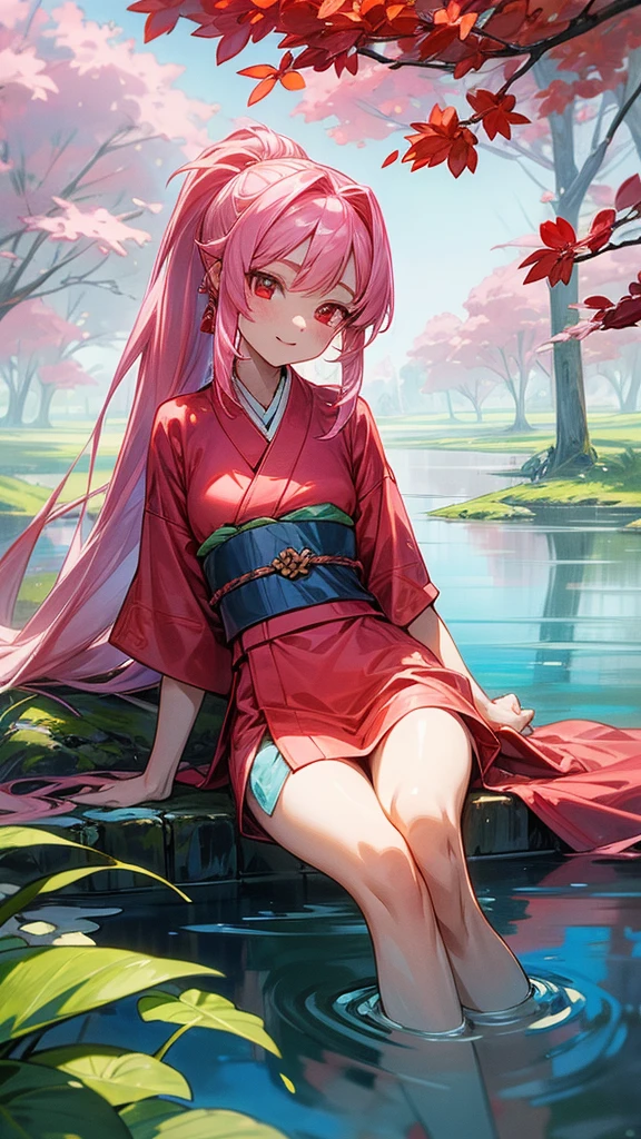 Create a highly detailed and vibrant illustration of Shuna from 'That Time I Got Reincarnated as a Slime.' Shuna should be depicted with her distinct pink hair tied in a ponytail, her red eyes, and wearing her traditional white and red kimono. She should be sitting gracefully by the water's edge, with her legs folded to the side and her hands gently resting on her lap. Her expression should be calm and peaceful, with a slight, gentle smile. The background should be a serene waterside landscape, featuring a clear, tranquil lake or river, surrounded by lush greenery and blooming flowers. Ensure the water reflects the surrounding nature, and the scene captures the peaceful, natural beauty of the setting. Use bright colors and sharp details to make Shuna stand out prominently against the tranquil backdrop."