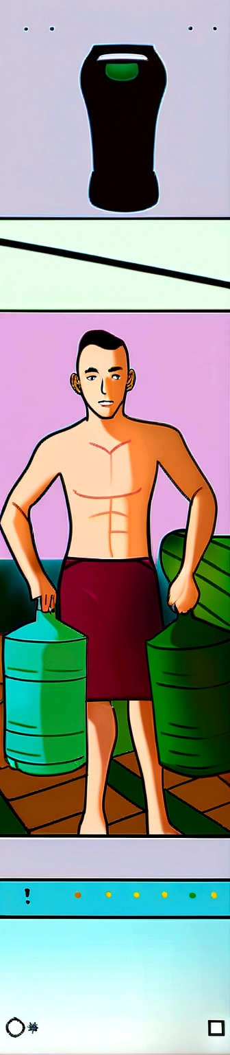 there is a man standing next to a man holding a large jug of water, full length portrait holding bottle, by Judith Gutierrez, 1614572159, by Juan Gimenez, full of water, by Ramon Silva, by Daniel Lieske, waist-deep water, by Jakob Gauermann, by Matteo Pérez, very thirsty