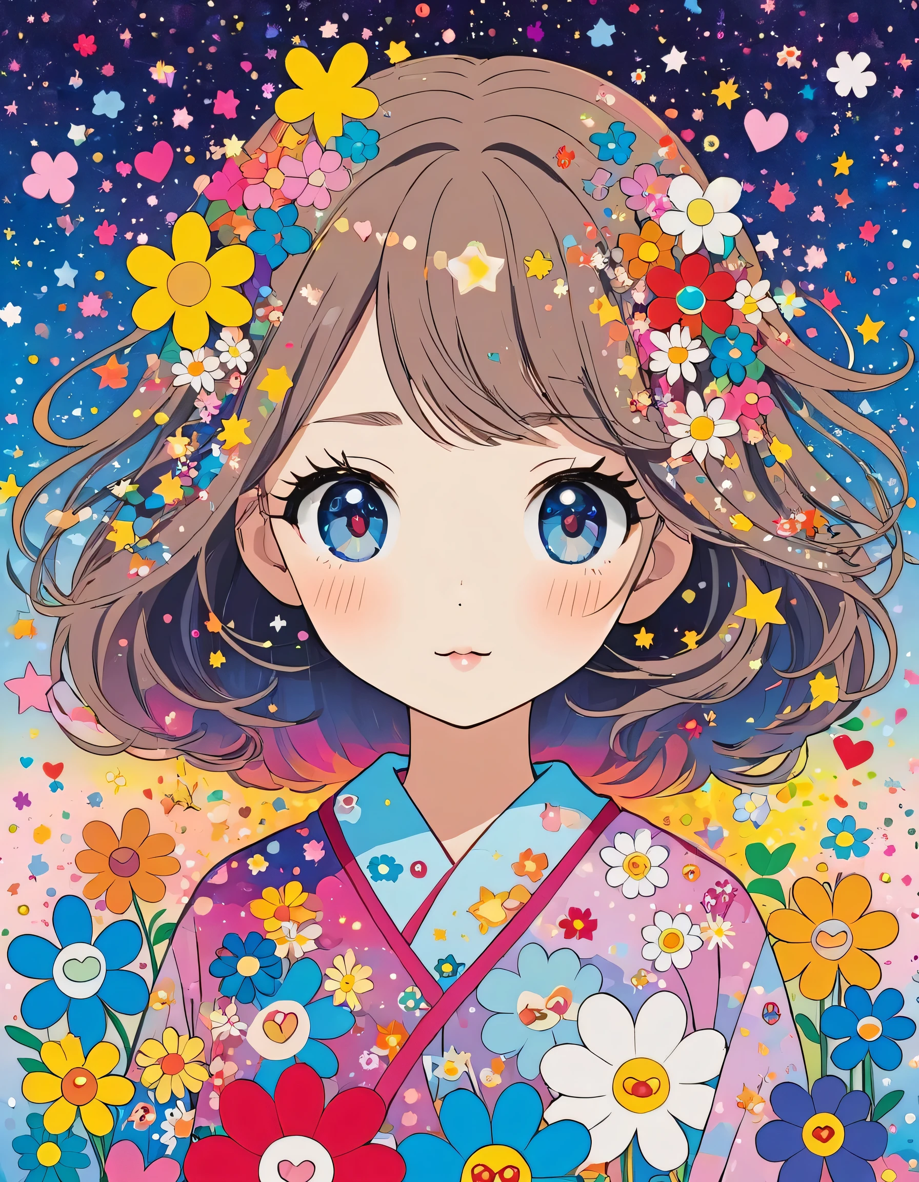 Takashi Murakami style, Simple Line Initialism，Abstract art，Kawaii Design, The most beautiful girl of all time, The background is star dust, colorful hearts, colorful flowers,