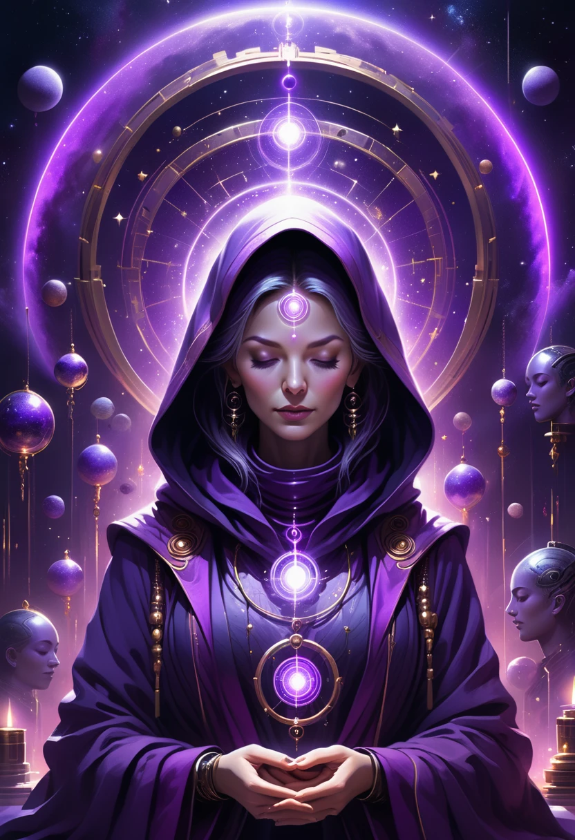 correct anatomy: 1.5, a beautiful mature female astrologer in a deep purple hooded robe, eyes closed in meditation, in a dimly lit room, mechanical, cyberpunk