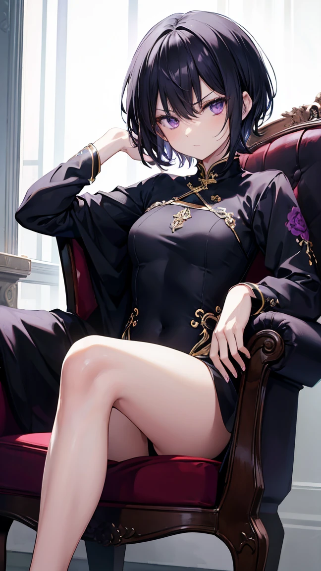 High resolution,high resolution,Girl,Black Hair,Short Hair,Purple Eyes,Slanted Eyes,Bad mood,boyish,slender,Toned body,Luxurious chair,Ao Dai,Tattoo,,
