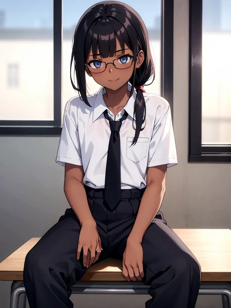 (1 feminine boy solo:1.9),(dark skin:1.5), (masterpiece:1.2), highest quality, High resolution, unity 8k wallpaper, ( (perfect hands, perfect anatomy), 20 years old, (black hair:1.3), detailed eyes, best quality, extremely detailed, very precise detailed, (glasses:1.4), (blunt bangs:1.3), (open mouth:1.2), (middle straight hair:1.5), (evil smile:1.4), , (half closed eyes:1.3) ,long sidelocks, (blush:1.3),(kneeling:1.3),(Put left knee in front:1.5),(school uniform pant:1.5),