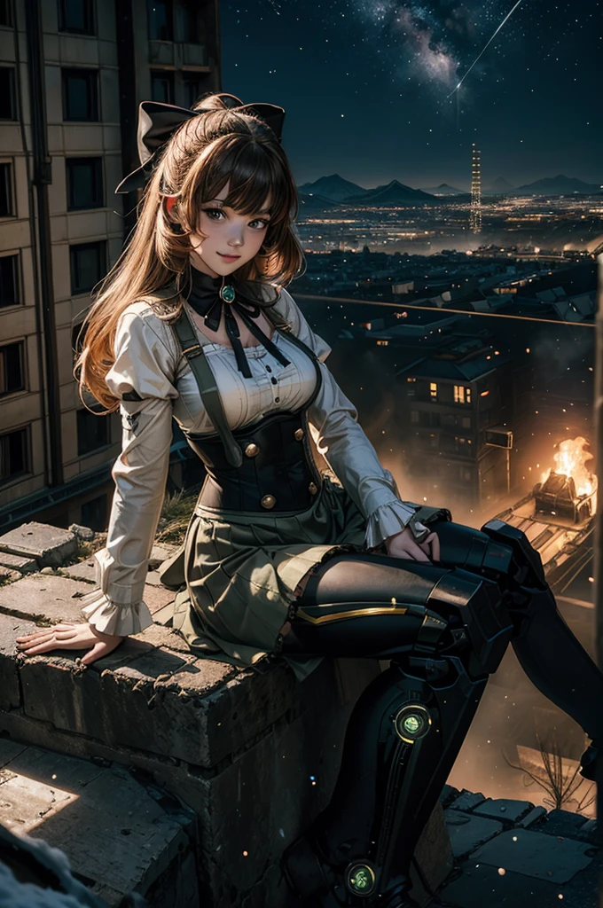 cowboy shot, (dynamic pose), smile,  underbust, Penny Polendina, long hair, neck ribbon, suspender skirt, corset, black bow, white blouse, mechanical legs, neon trim, sitting, ((people in city ruins on hill, overlooking valley)), BREAK night, stars, moon, snow, BREAK mountains in background, waterfall, vehicle wreck, ((people in military uniform)), bonfires, post-apocalypse, dystopian future, (volumetric lighting), intricate details, tonemapping, sharp focus, hyper detailed

