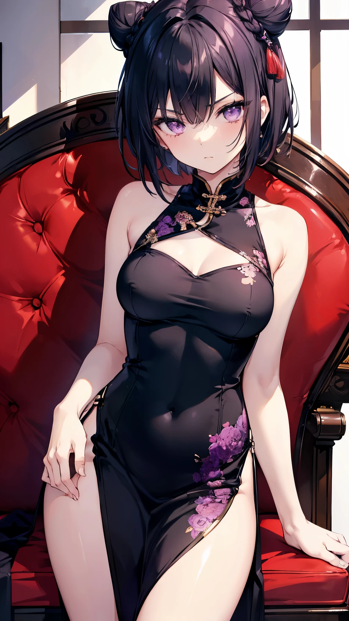 High resolution,high resolution,Girl,Black Hair,Short Hair,Purple Eyes,Slanted Eyes,Bad mood,boyish,slender,Toned body,Luxurious chair,China dress,Tattoo,Bun Hair,