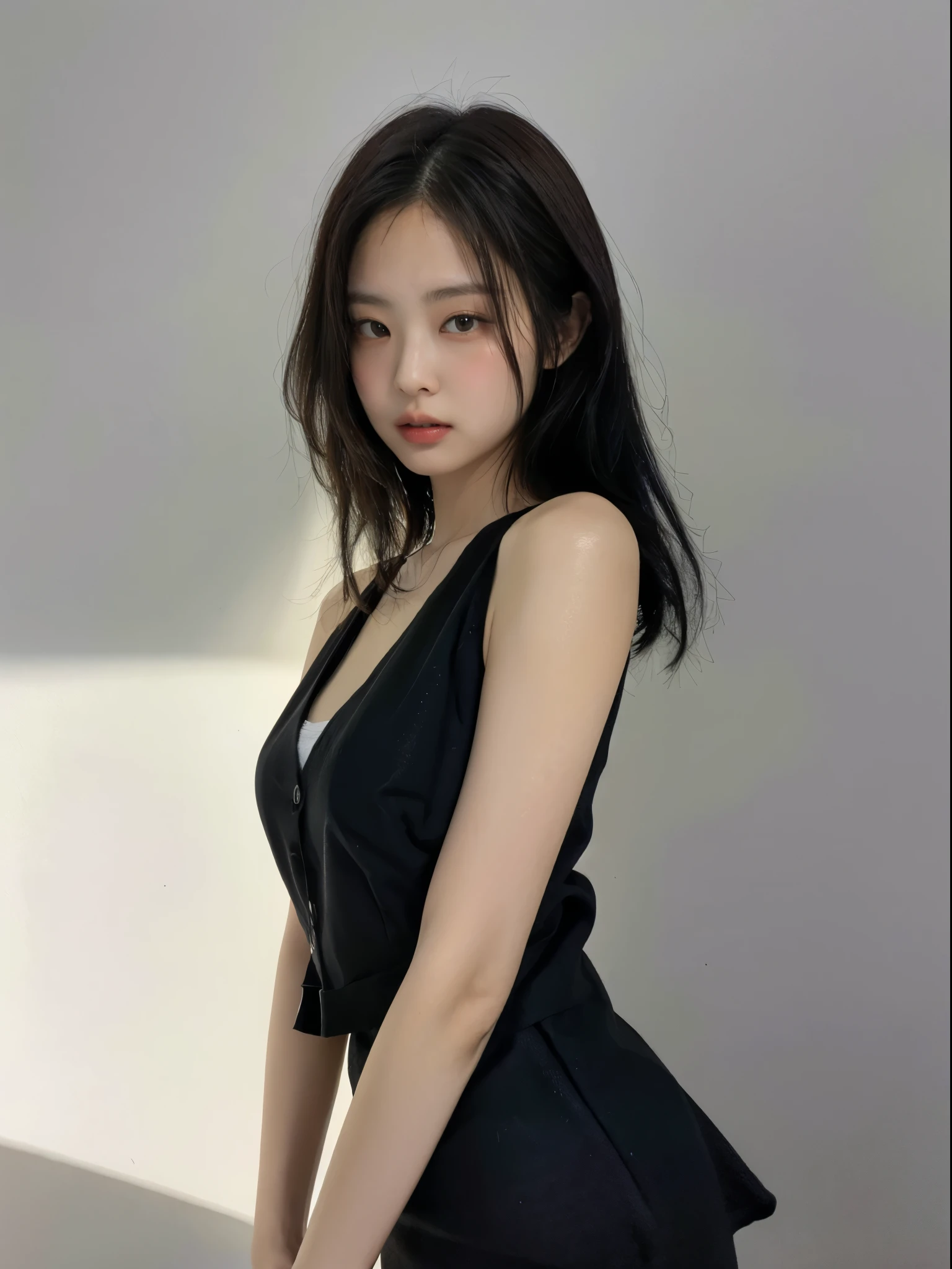 best quality, jjennie face shape, super high resolution, supermodel, (realism: 1 girl.8), RAW photo, 1 girl a girl, bare shoulders, wearing black vest, looking at the camera head-on, ID photo, sexy, black background, in the dark, deep shadow, understated, cold light. [The character (complete) is surrounded by mist, evoking a mysterious and eerie atmosphere. The lighting is dark and atmospheric, with a red smoke adding a touch of sinister ambiance. Best quality image, with a resolution of 4k and HDR enhancement, showcasing the utmost level of detail and realism, full body shot:1.5]. [8K, Best Quality, Masterpiece, Ultra High Resolution, (highly detailed CG unity 8k wallpaper), (best photo), (best shadows), isometric 3D, octane rendering, ray tracing, highly detailed, (Best quality, 4K, 8k, A high resolution, masterpiece:1.2), absurdity, ultra detailed, (realistic, photorealistic, photorealistic:1.37), complex parts, HDR, (complex parts:1.12), (hyper detailed, hyper realistic, Soft lighting, spicy:1.2), (complex parts, Hyper detailed:1.15). Blurred foreground. (backlit), masterpiece, high quality, brightness, chromatic aberration, 8k uhd, foggy smoke, shadows, contrast, clear sky, (warm hue, warm tone), high details, natural reflections]. 