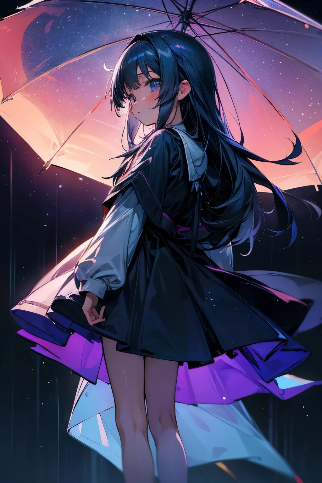 ((Best quality)), ((masterpiece)), (detailed), Anime girl, аниме night sky, stars, full length, poor lighting, neon light, rain, child, night sky, stars