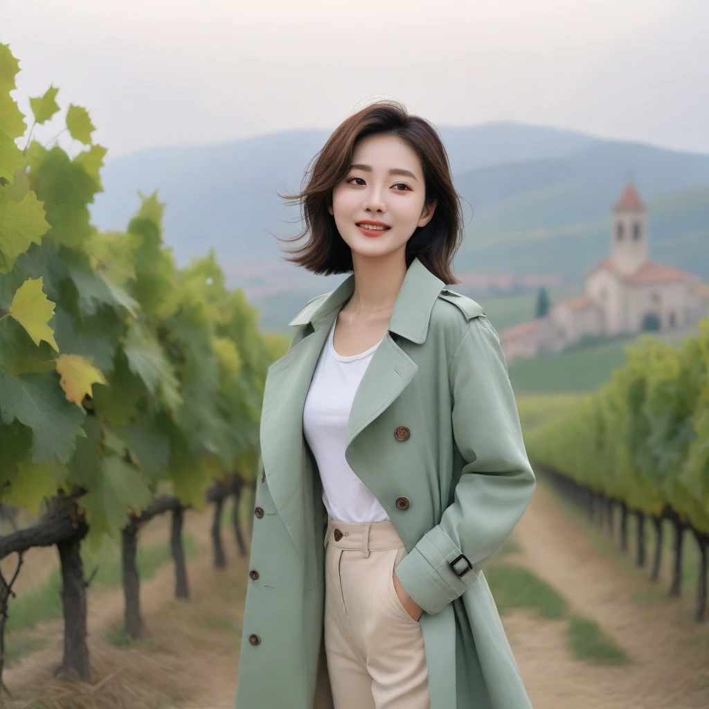 k Best picture quality, Beautiful 36-year-old Korean woman, You have good skin and big and pretty eyes... clear and nice weather. Chest size 34 inches, italian countryside, past the vineyard, The cathedral can be seen in the distance in thick fog.., The back background is realistic and vivid quality., Short and medium hair blowing in the wind, A light green casual trench coat was neatly worn over a T-shirt.. beige casual pants, laugh. the background is clear, Short and slim Korean woman, stand far away, Photo taken with a wide-angle lens, One woman with big and pretty eyes, eyes are round and big