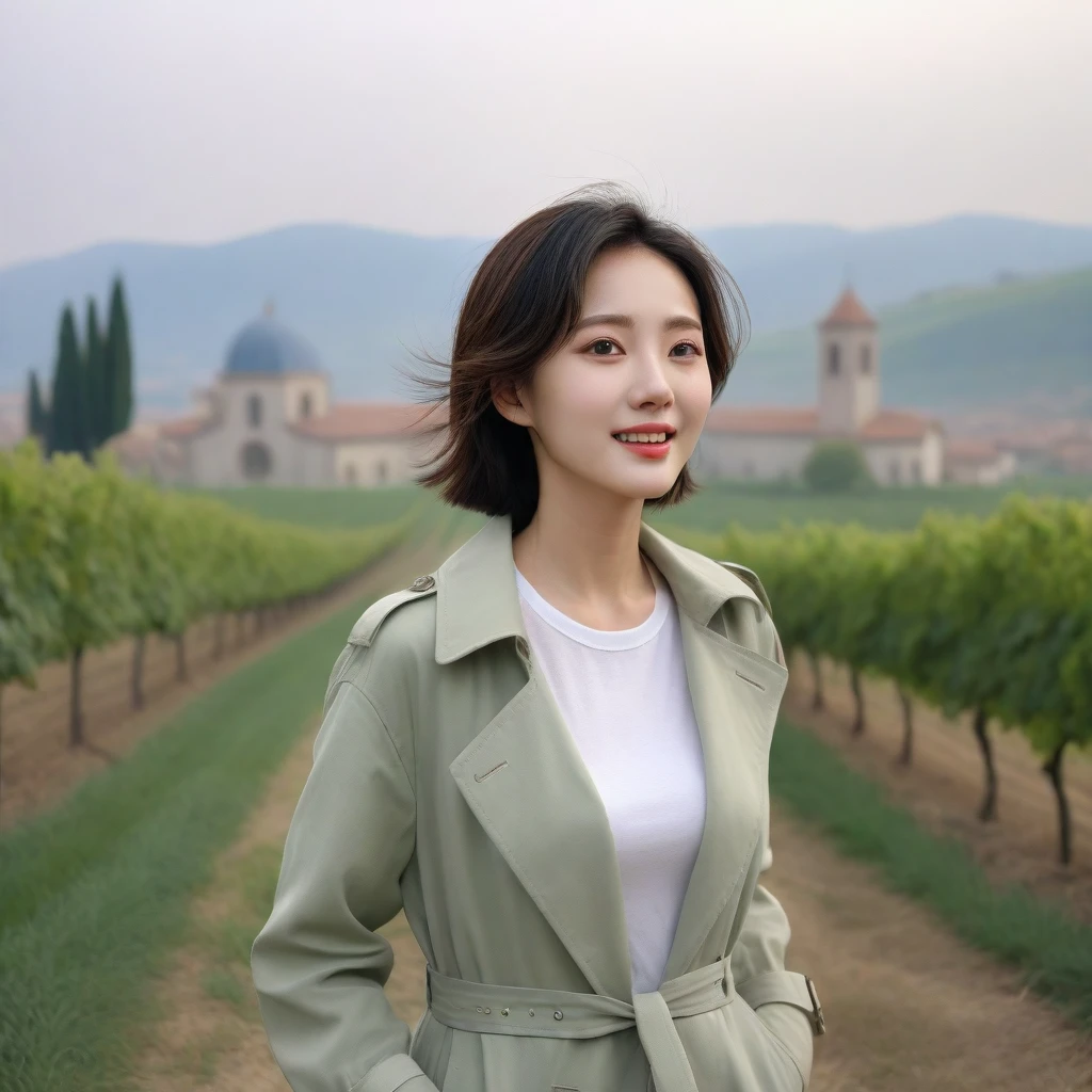 k Best picture quality, Beautiful 36-year-old Korean woman, You have good skin and big and pretty eyes... clear and nice weather. Chest size 34 inches, italian countryside, past the vineyard, The cathedral can be seen in the distance in thick fog.., The back background is realistic and vivid quality., Short and medium hair blowing in the wind, A light green casual trench coat was neatly worn over a T-shirt.. beige casual pants, laugh. the background is clear, Short and slim Korean woman, stand far away, Photo taken with a wide-angle lens, One woman with big and pretty eyes, eyes are round and big