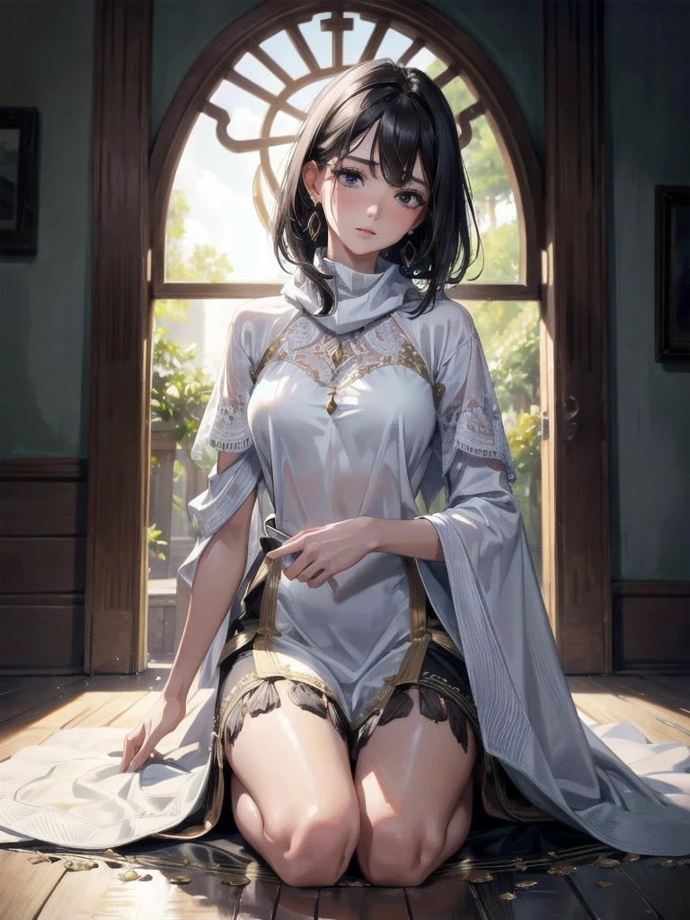 absurdres, RAW photo, extremely delicate and beautiful, masterpiece, Best Quality, ultra high resolution, 32k, hyperrealistic, ultra-detailed, delicate facial features, beautiful detailed woman, tearful mole, earring, medium breasts, full body shot, medium hair, black hair, solo, alone, (Tribe poncho),
