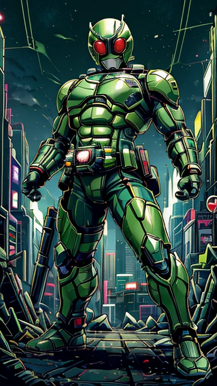 (8k),(masterpiece),(Japanese),(8-year-old boy),((innocent look)),((Childish)),From the front,smile,cute,Innocent,Kind eyes,Flat chest,green helmet, green domino mask,The Incredible Hulk,Bald,No Hair, Henshin Pose,night,dark, Neon light cyberpunk city,Kamen rider,camisa