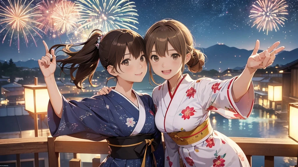 (Very detailed,High resolution,masterpiece:1.2）Japanese、Night view, Starry Sky、milky way、Light brown hair. Big fireworks、yukata、(Highest quality:1.2), 20～40-year-old woman、Small breasts、Very detailedな, High resolution, masterpiece:1,2, Vivid and colorful,, Professional Lighting, Physically Based Rendering, Flat Color:0.8, Detailed illustrations, realism:1.37, Makoto Shinkai style, Your name style, Light brown hair, Elegant update,ponytail, Bun Hair。, Laugh together,  Selfie, Full body older sister、。I love you 、、The whole body is visible、Anime Drawings、。The whole body is visible、A group of several people