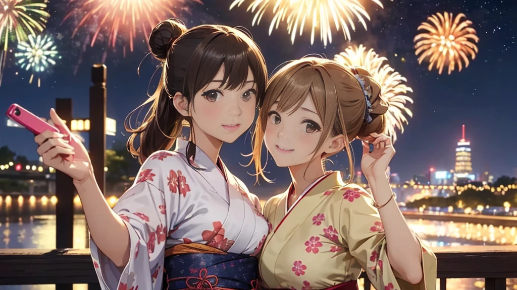 (Very detailed,High resolution,masterpiece:1.2）Japanese、Night view, Starry Sky、milky way、Light brown hair. Big fireworks、yukata、(Highest quality:1.2), 20～40--old woman、Small breasts、Very detailedな, High resolution, masterpiece:1,2, Vivid and colorful,, Professional Lighting, Physically Based Rendering, Flat Color:0.8, Detailed illustrations, realism:1.37, Makoto Shinkai style, Your name style, Light brown hair, Elegant update,ponytail, Bun Hair。, Laugh together,  Selfie, Full body older sister、。I love you 、、The whole body is visible、Anime Drawings、。The whole body is visible、A group of several people