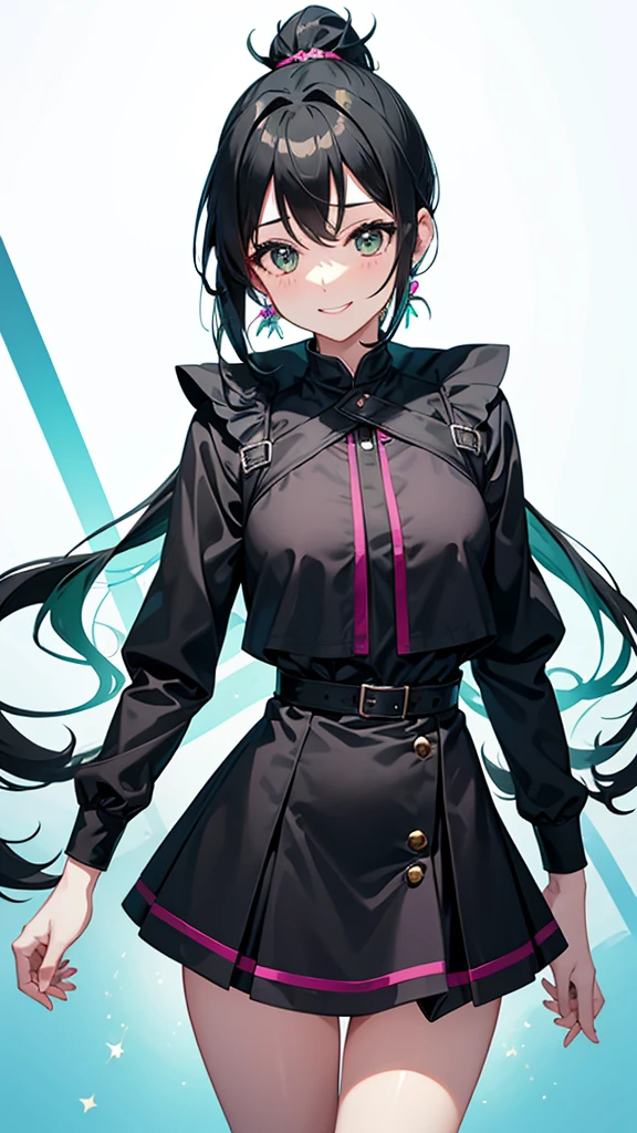 Magical girl　Black costume　Mini skirt dress　Green hair ponytail　smile　Great style　Directly facing　universe space