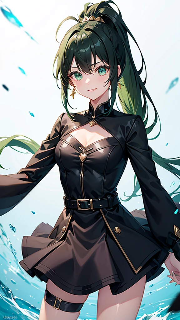 Magical girl　Black costume　Mini skirt dress　Green hair ponytail　smile　Great style　Directly facing　universe space