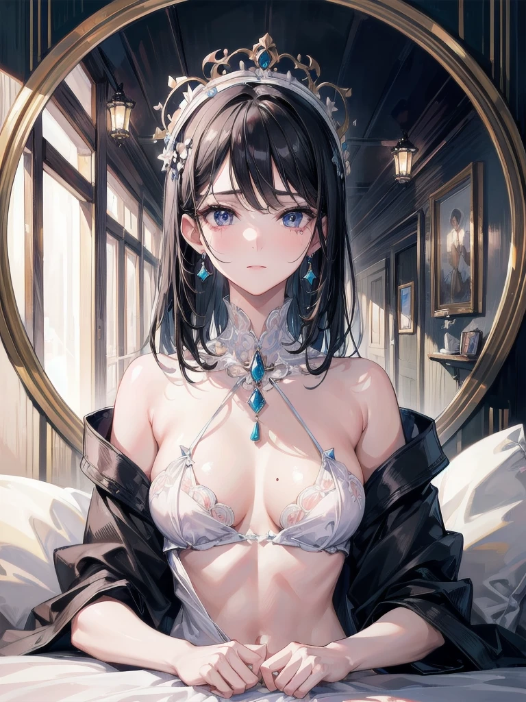 absurdres, RAW photo, extremely delicate and beautiful, masterpiece, Best Quality, ultra high resolution, 32k, hyperrealistic, ultra-detailed, delicate facial features, beautiful detailed woman, tearful mole, earring, medium breasts, full body shot, medium hair, black hair, solo, alone, Tribe poncho,