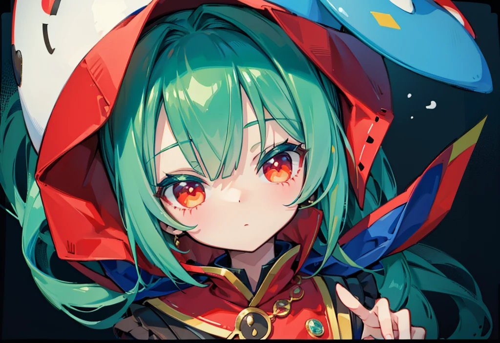 Highest quality images，Clear images，Q version style，Q version style，Cute style。The left side of the picture is blue-green，Red tone on the right side of the screen。Different colors on left and right。The left half of the picture has a blue-green tint，The right half of the screen is red。Girl with blue green gradient hair，Girl with slime-textured hair，Girl holding a lollipop，Mushroom head man，左侧的女孩背后是一个Mushroom head man，Mushroom man wearing green ta skirt。Boy on the right，Blond boy，Red Eyed Boy，boy in red windbreaker，Duck head monster，The man with a duck head，A person wearing a ball-shaped head puppet costume，Red Peak，Duck monster wearing a red cape
