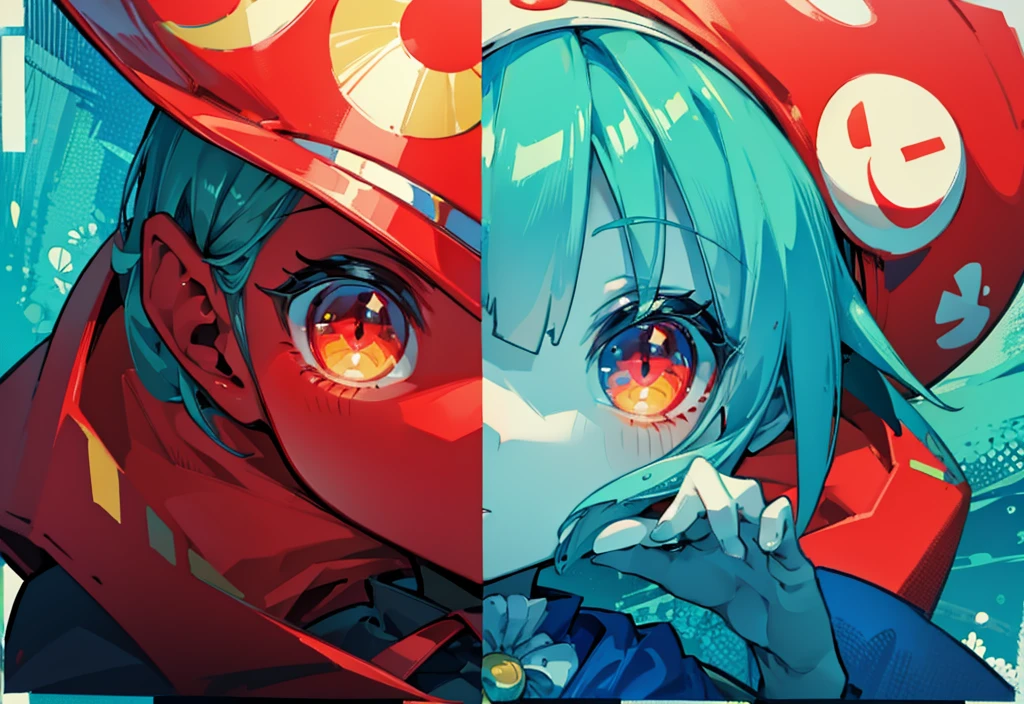 Highest quality images,Clear images,Q version style,Q version style,Cute style。The left side of the picture is blue-green,Red tone on the right side of the screen。Different colors on left and right。The left half of the picture has a blue-green tint,The right half of the screen is red。Girl with blue green gradient hair,Girl with slime-textured hair,Girl holding a lollipop,Mushroom head man,左侧的女孩背后是一个Mushroom head man,Mushroom man wearing green lolita skirt。Boy on the right,Blond boy,Red Eyed Boy,boy in red windbreaker,Duck head monster,The man with a duck head,A person wearing a ball-shaped head puppet costume,Red Peak,Duck monster wearing a red cape