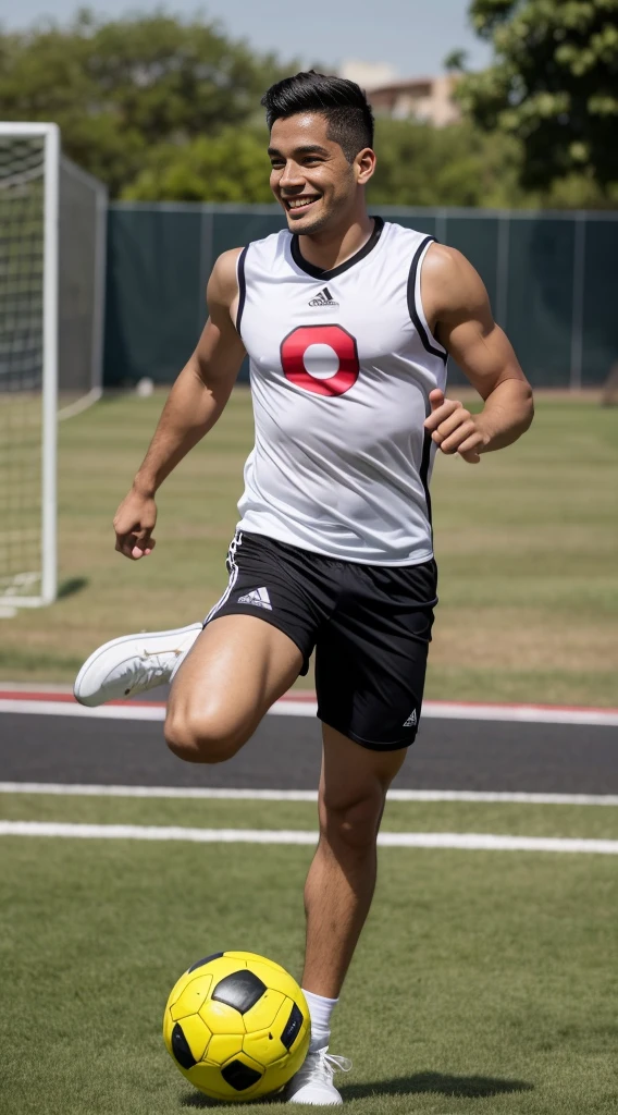 guy, athletic build, Peruvian nationality, smile and happy in motion, one leg Keepie uppie lower legs with ball, one leg standing straight on the ground, full-length, wearing a white sleeveless T-shirt and black shorts, excellent quality, photo, excellent detail, high quality, profile photo, realistic, photography, realism, profile photo