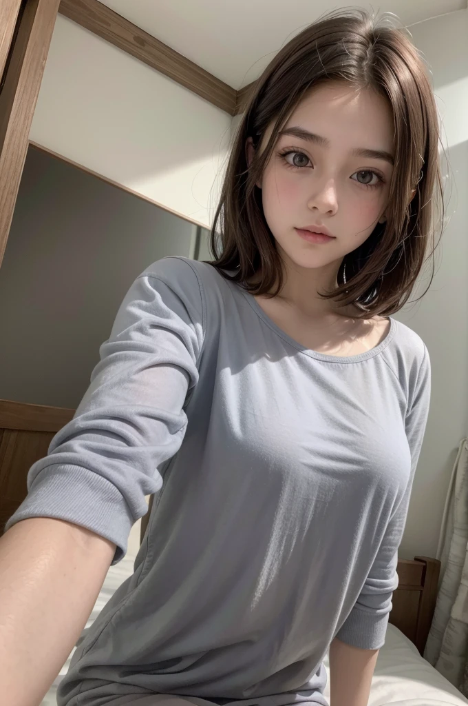 1 Girl, SELFIE recostada en su cama, despeinada, vestida con pijama, 21 years old, Brown hair , Short hair reaching shoulders, Gray eyes, despeinada