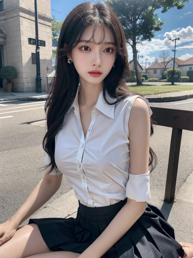 absurdres, RAW photo, extremely delicate and beautiful, masterpiece, Best Quality, ultra high resolution, 32k, hyperrealistic, ultra-detailed, delicate facial features, beautiful detailed woman, tearful mole, earring, medium breasts, full body shot, medium hair, black hair, solo, alone, ((summer school_uniform)), skirt, 