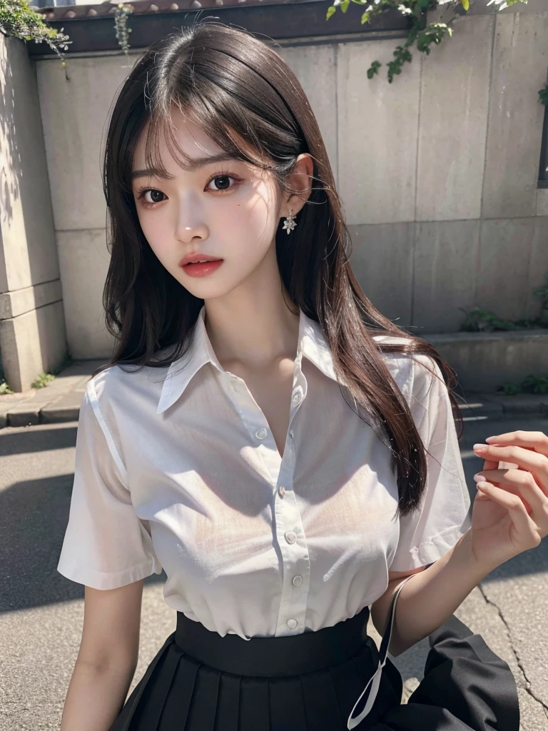 absurdres, RAW photo, extremely delicate and beautiful, masterpiece, Best Quality, ultra high resolution, 32k, hyperrealistic, ultra-detailed, delicate facial features, beautiful detailed woman, tearful mole, earring, medium breasts, full body shot, medium hair, black hair, solo, alone, ((summer school_uniform)), skirt,