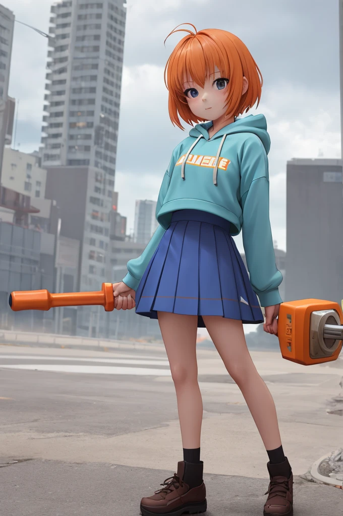 a anime girl with orange short hair and wearing a blue skirt and hoodie with a hammer on her hand