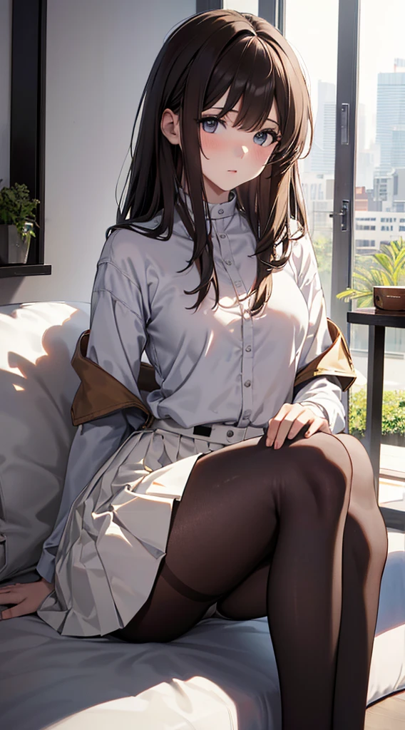 Top quality, masterpiece, High resolution, (Head to toe full body), front, frontやや下からの構図, Symmetric, Tall 18 year old girl, alone, (Head to toe), (Small breasts), Unkempt brown hair, bangs, (black tights), (Black Pantyhose), (Sit with your legs apart), (Crouching pose), (A composition showing white panties), (Her legs were spread、I see your white pants.), (I was made to sit on the floor with my legs spread..), (M-shaped legs), Thin legs, A very beautiful and tall 18 year old girl, (No shoes), blush, Shy big eyes, looking at the camera, Blazer Uniform, Checkered Pleated Skirt