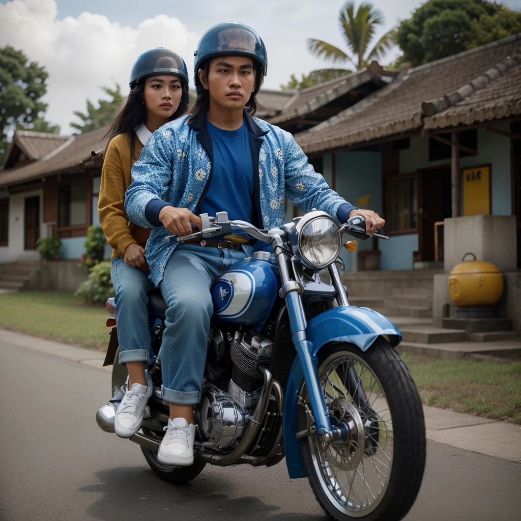 an Indonesian man, short slick-back hair, wearing a blue t-shirt and retro patterned jacket color is blue, wearing blue jeans, wearing white shoes, and an asian woman long hair, wearing yellow sweater, black jean adn whit shoes, riding a shiny blur color motorbike, wearing a classic shiny white helmet, urban background, HD quality