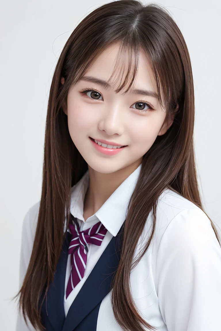 (Highest quality、Tabletop、8K、Best image quality、Award-winning works)、One Girl、(24-years-old:1.1)、(High School Uniform:1.1)、A smile staring at me、(Closed lips:1.1)、Accurate anatomy、(Pure white background:1.2)、Face close-up、Portrait Photography、Standing Elegantly、Upper body photo、Glowing Skin、(Look forward:1.1)