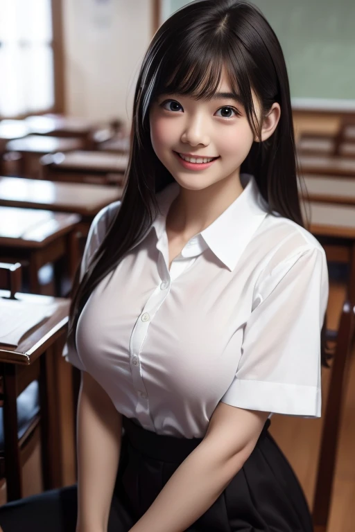 (In 8K、Highest quality、masterpiece:1.2)、(Realistic、Photorealistic:1.37)、Ultra-detailed、1 Girl、cute、alone、classroom、night、(Laughter:1.15)、Huge breasts、Too big、Beautiful saggy breasts and beautiful eyes、(Collared shirt:1.1)、Float NovaFrogStyle、adult、Amorous、Gloss、Kamimei、She looks 、