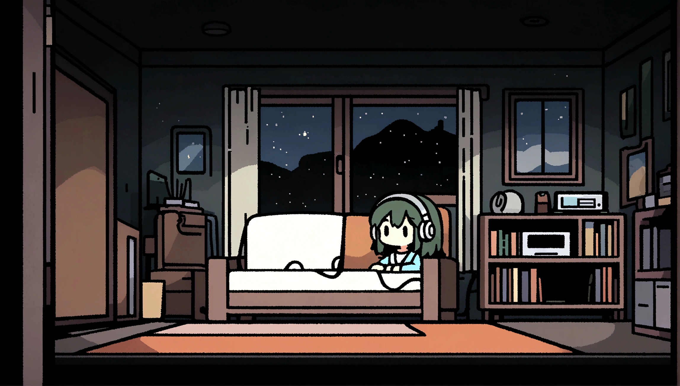 night、Girl listening to music in a cozy room, Using headphones, 2D-style animation, Lo-Fi, High resolution, Dark Environment Makoto Shinkai style