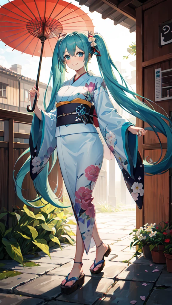 best quality, masterpiece, high resolution, solitary, (Hatsune_future_Blue File:1.10), 1 girl, Wide sleeves, Long sleeve, Looking at the audience, Heart, blush, flowering, Smile, Holding an umbrella, Oil-paper umbrella, outdoor, Floral, White Kimono, Residence, Printed Kimono, 14 ，Dance，full-body shot