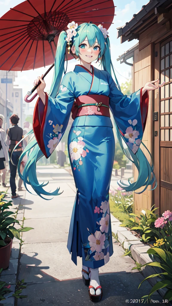 best quality, masterpiece, high resolution, solitary, (Hatsune_future_Blue File:1.10), 1 girl, Wide sleeves, Long sleeve, Looking at the audience, Heart, blush, flowering, Smile, Holding an umbrella, Oil-paper umbrella, outdoor, Floral, White Kimono, Residence, Printed Kimono, 14 ，Dance，full-body shot